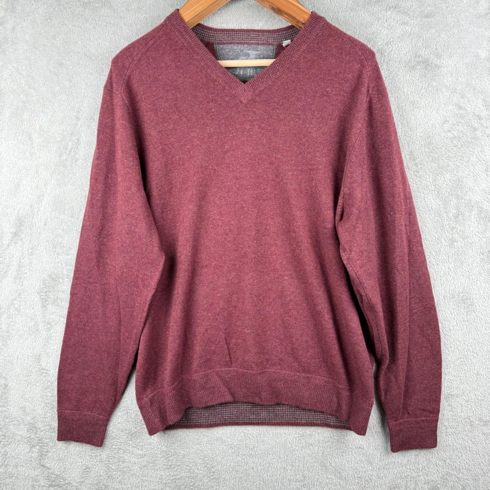 Raffi 100% Cashmere V Neck Knit Sweater‎ Mens L Burgundy Luxury Career Soft